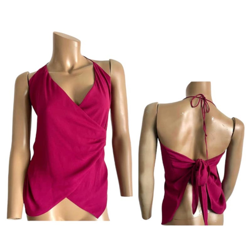 EXPRESS cranberry strappy wrap back tie asymmetrical halter top XL TS 4013